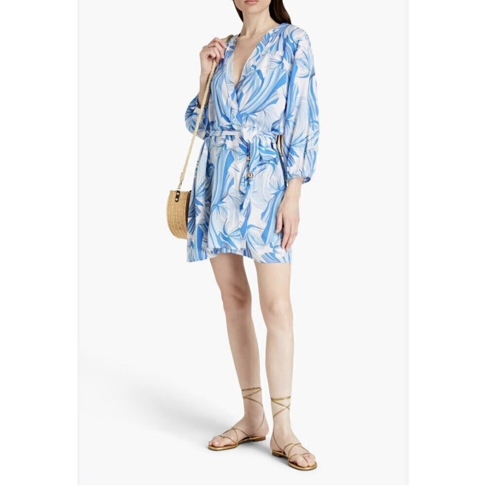 Melissa Odabash Wrap Dress Womens One Size Blue Print Mini Coverup Boho Beachy